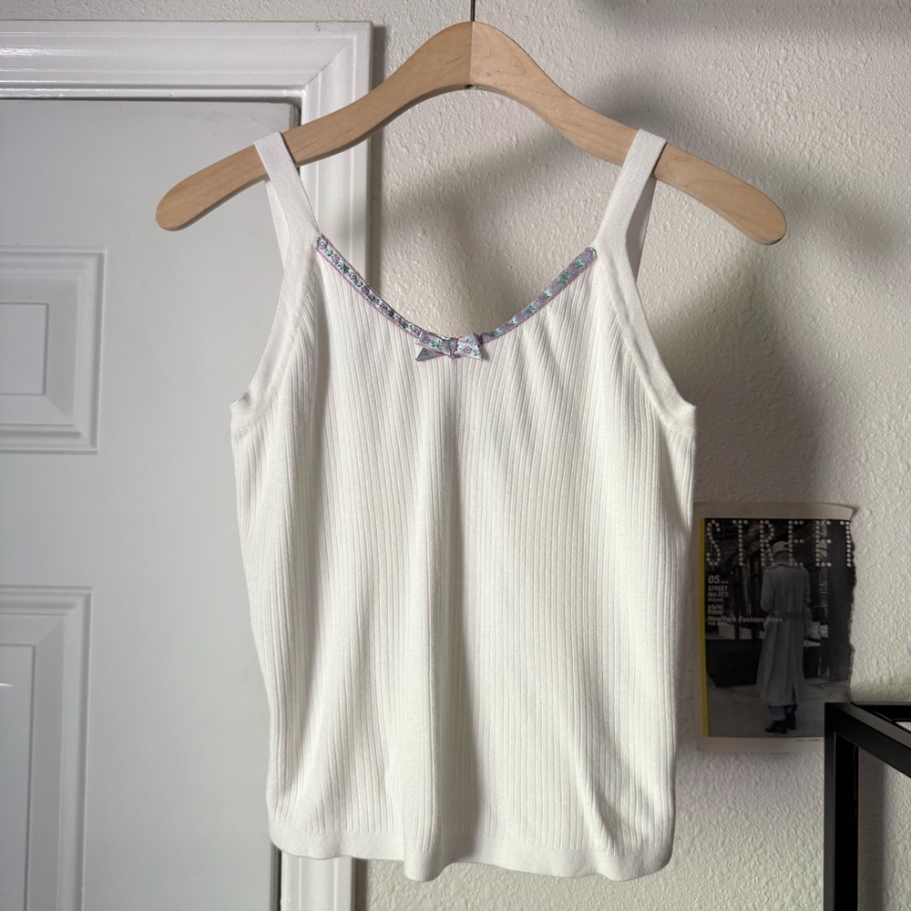 MAXSPORT white‎ rib ribbed knit bow cropped tank top